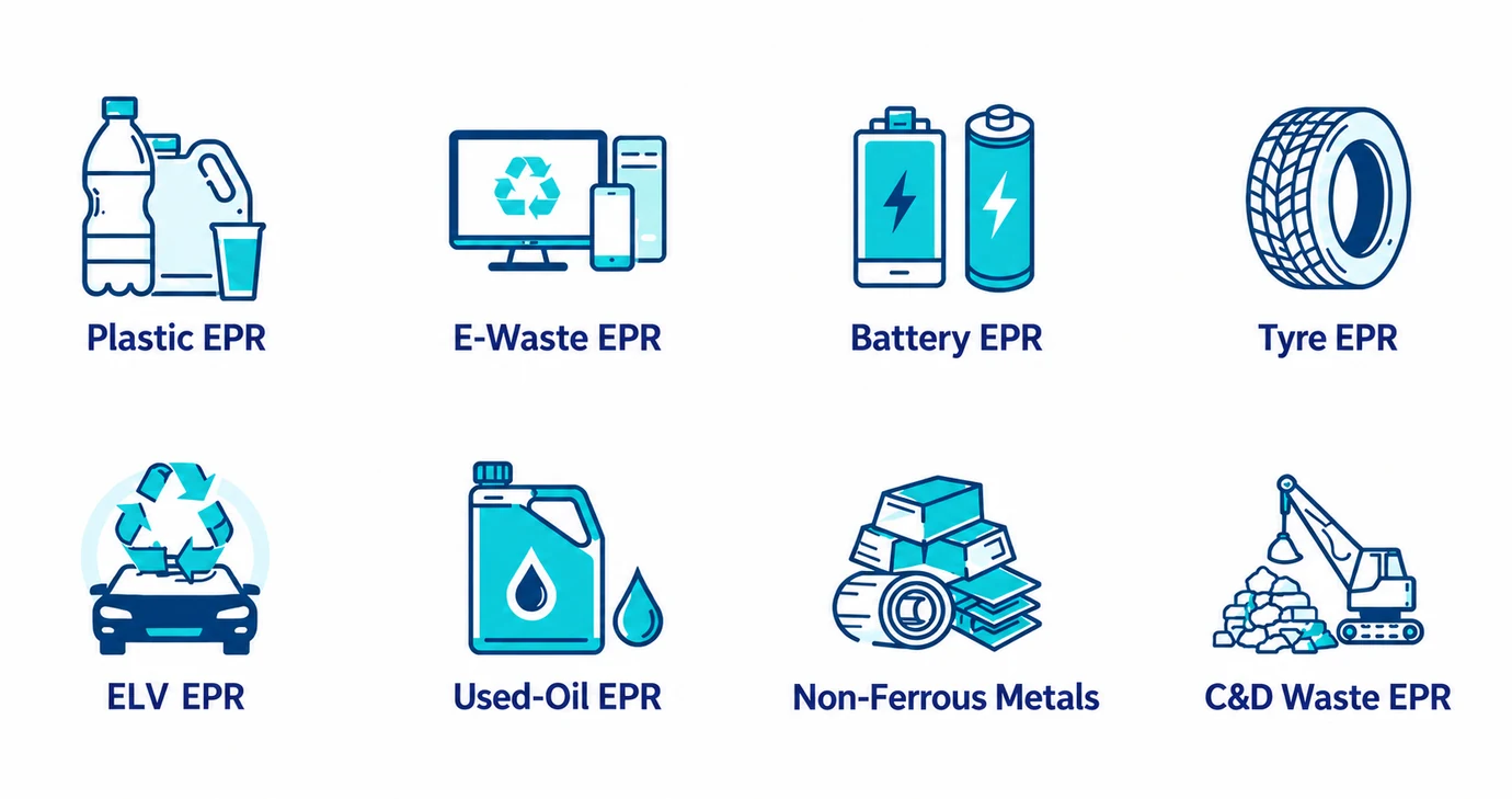 The eight notified EPR waste streams — plastic, e-waste, battery, tyre, end-of-life vehicles, used oil, non-ferrous metals, and C&D waste