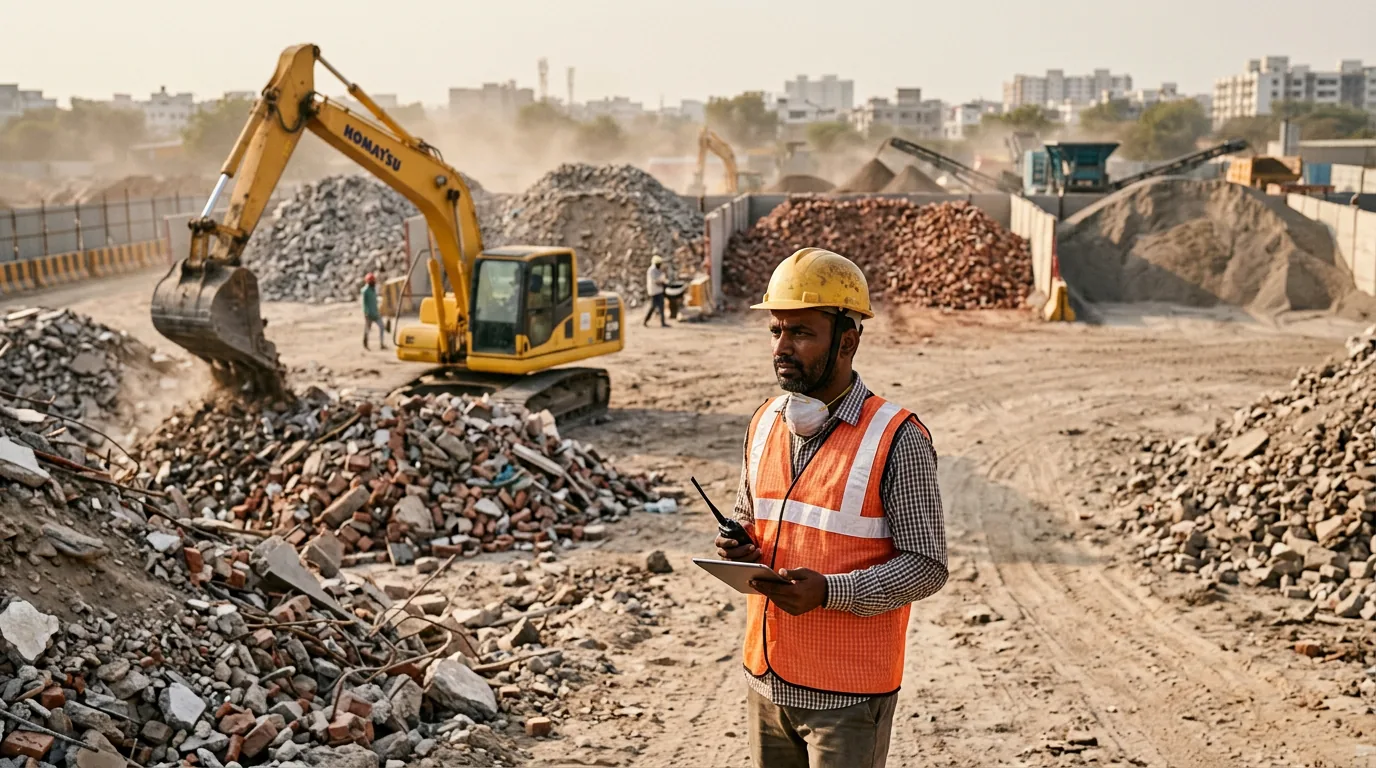 Construction and demolition debris being processed