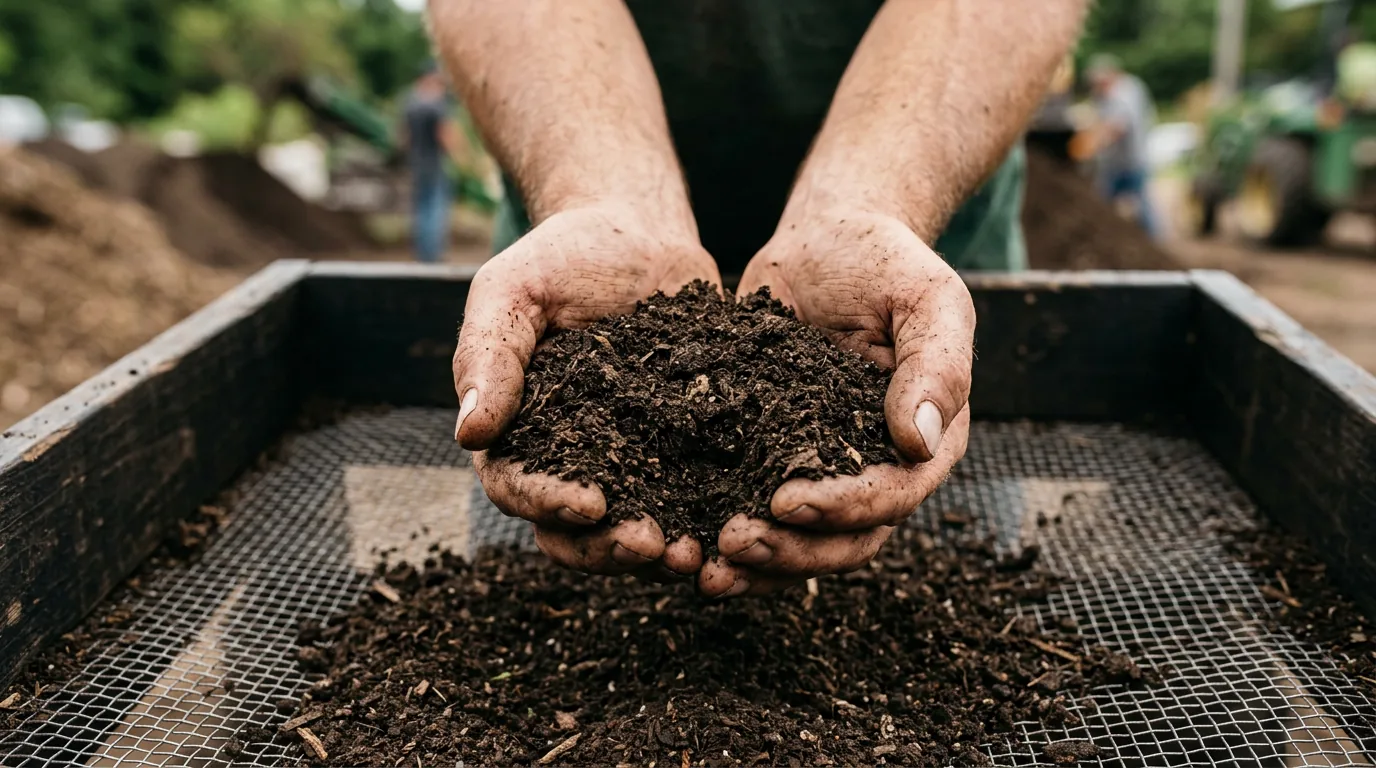 Compost windrows being turned at a processing site