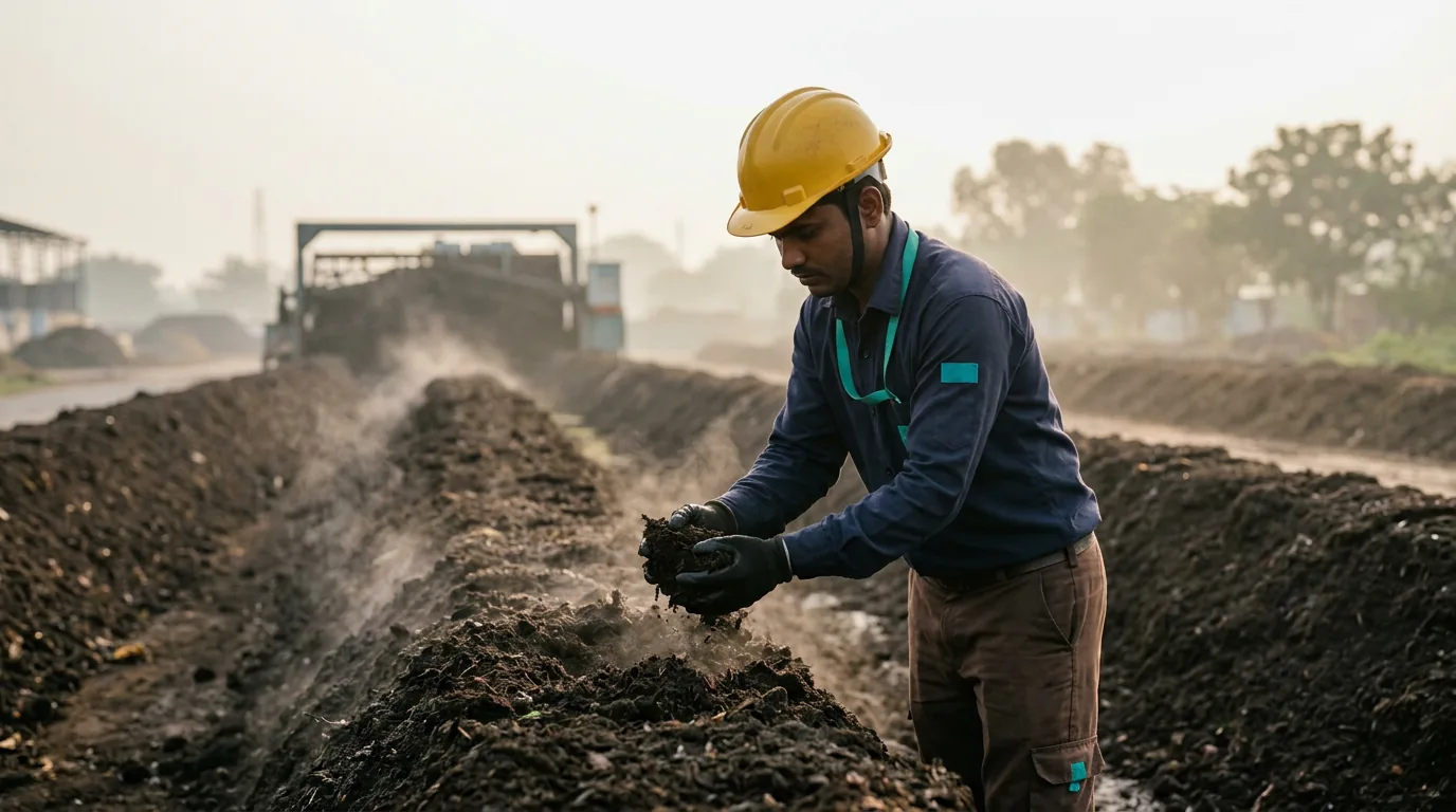 Compost windrows being turned at a processing facility