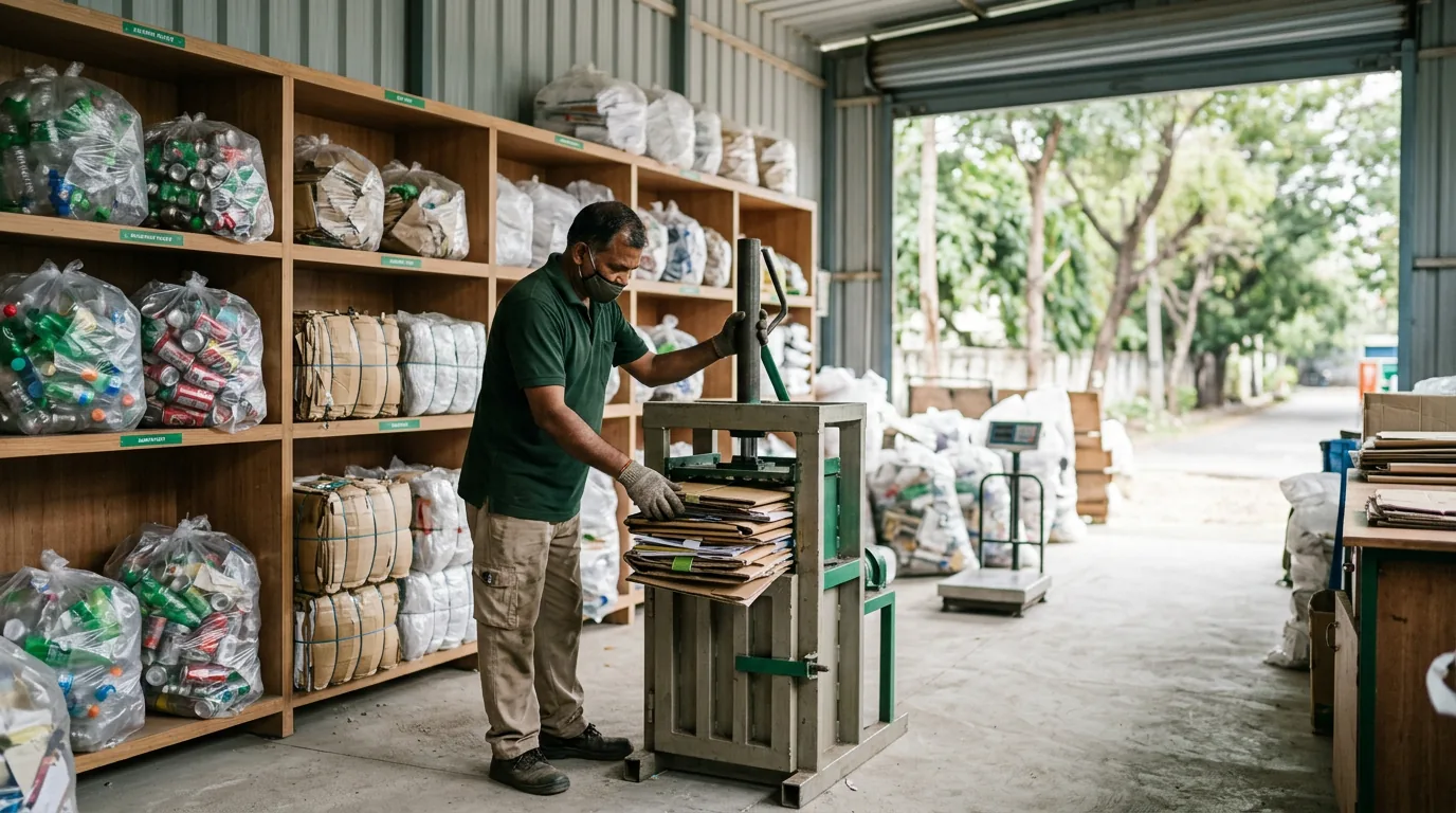 Dry recyclables sorted into segregation bins at a local centre