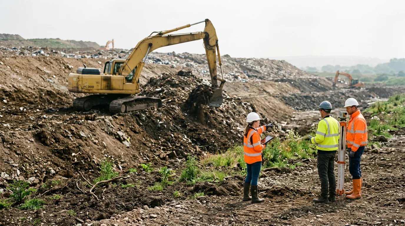 Excavator bio-mining a legacy waste dumpsite for remediation