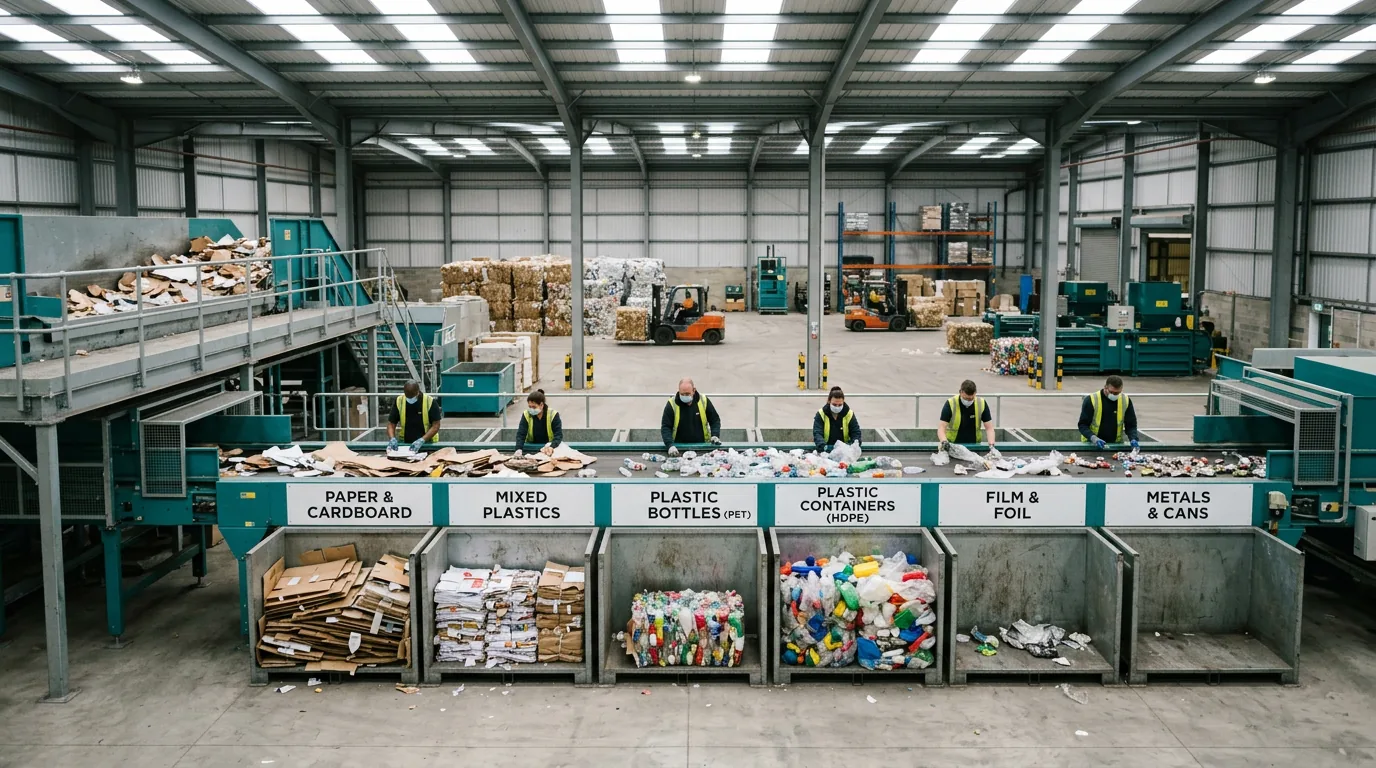 Workers sorting recyclables on a material recovery facility conveyor