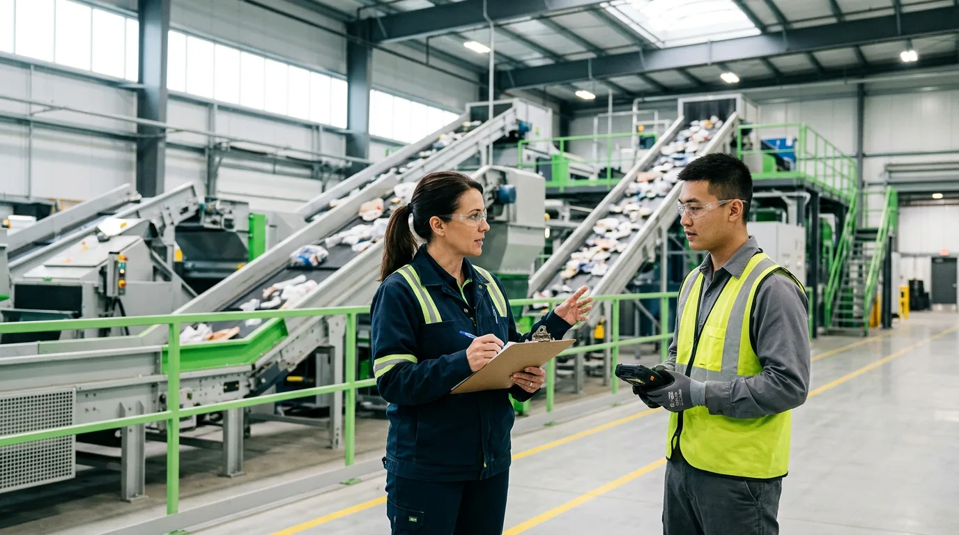 Operators managing windrows at a waste processing facility