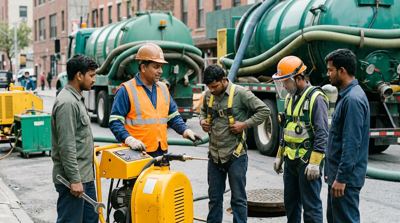 Sanitation worker in protective safety equipment