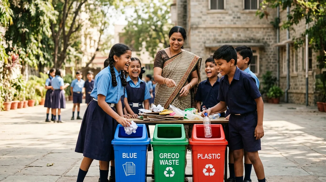 Students learning waste segregation in a school workshop