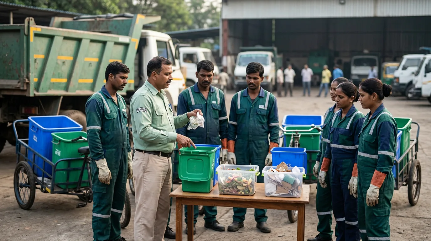 Door-to-door waste collection crew with truck