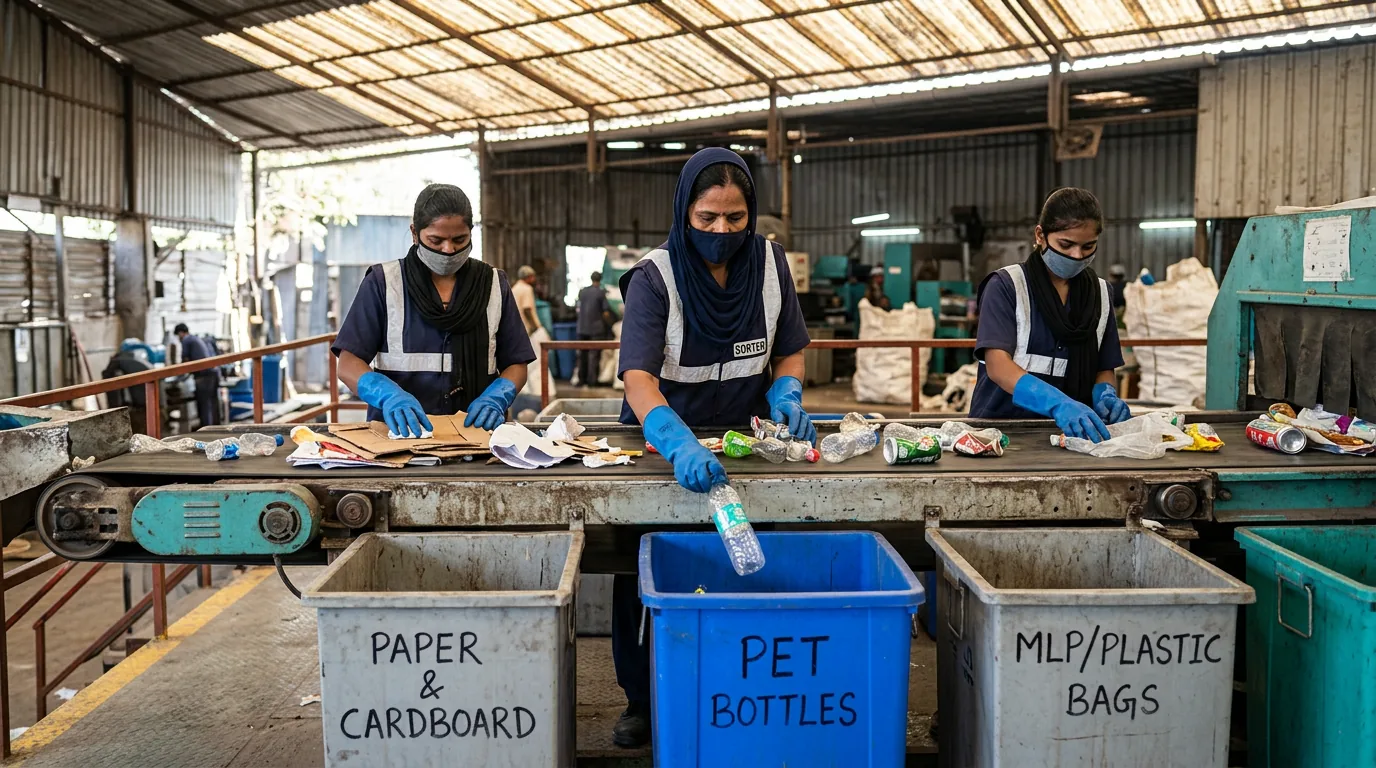 Waste-pickers sorting materials in a sheltered material recovery facility