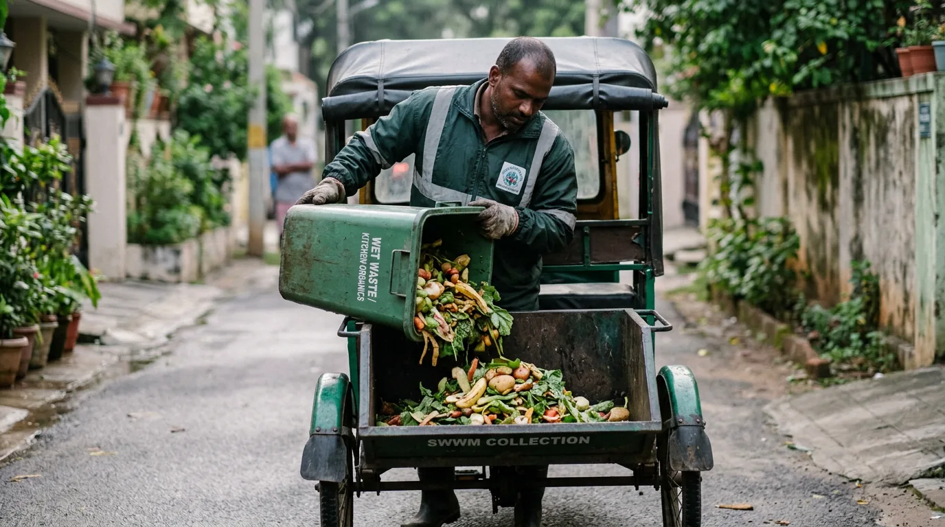 Segregated wet waste processed into compost windrows